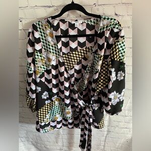 Bar III Black and Pink Patterned Wrap Blouse